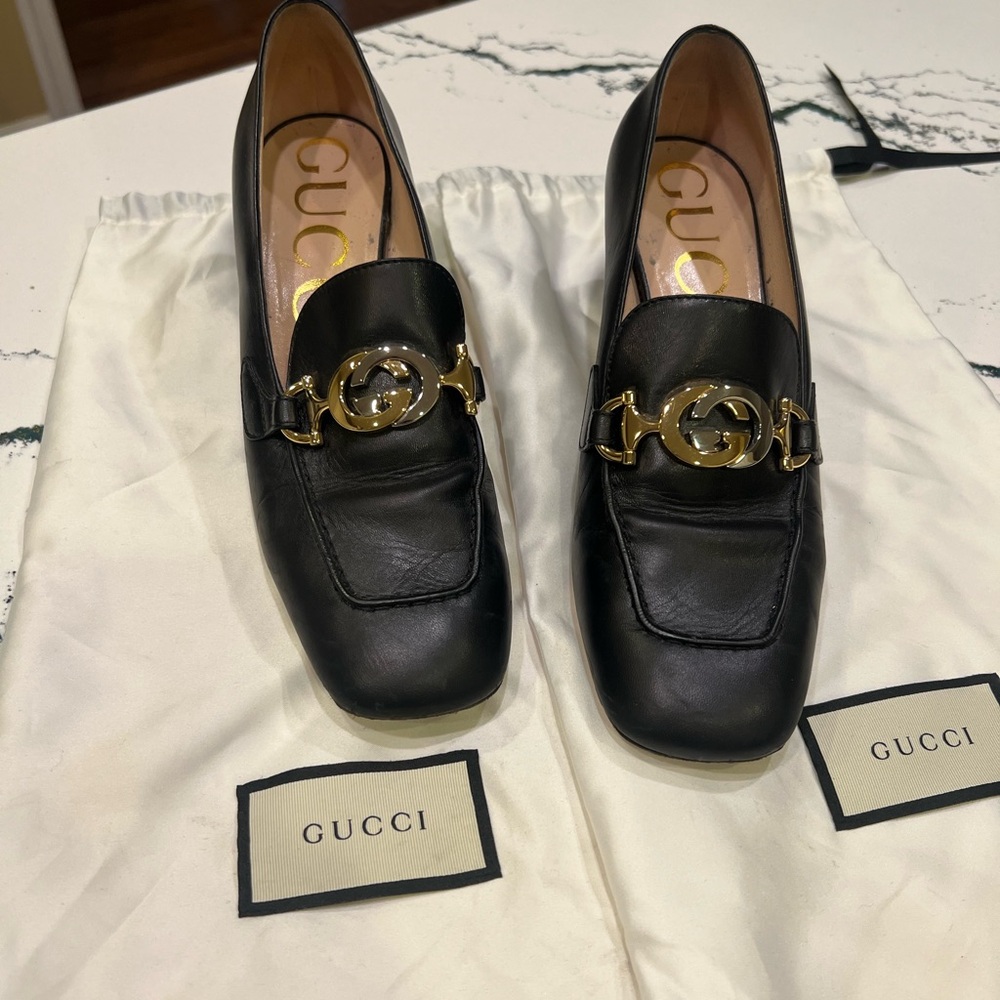 Gucci Black Leather Heels with Gold Accent